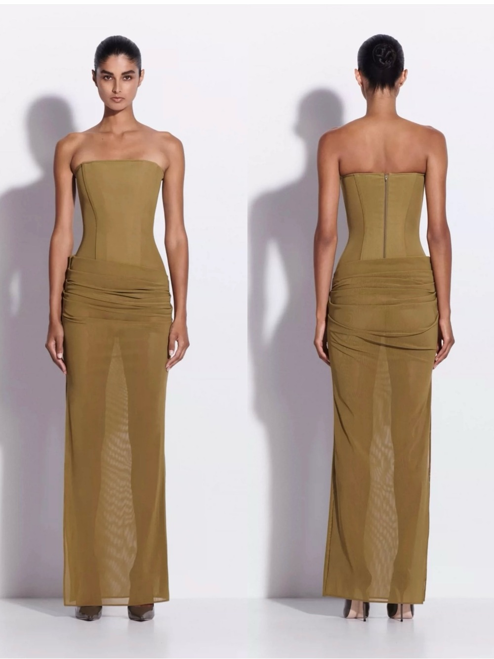 NWOT Ales Perry Sheer strapless corset gown in Olive Green Draped Maxi dress